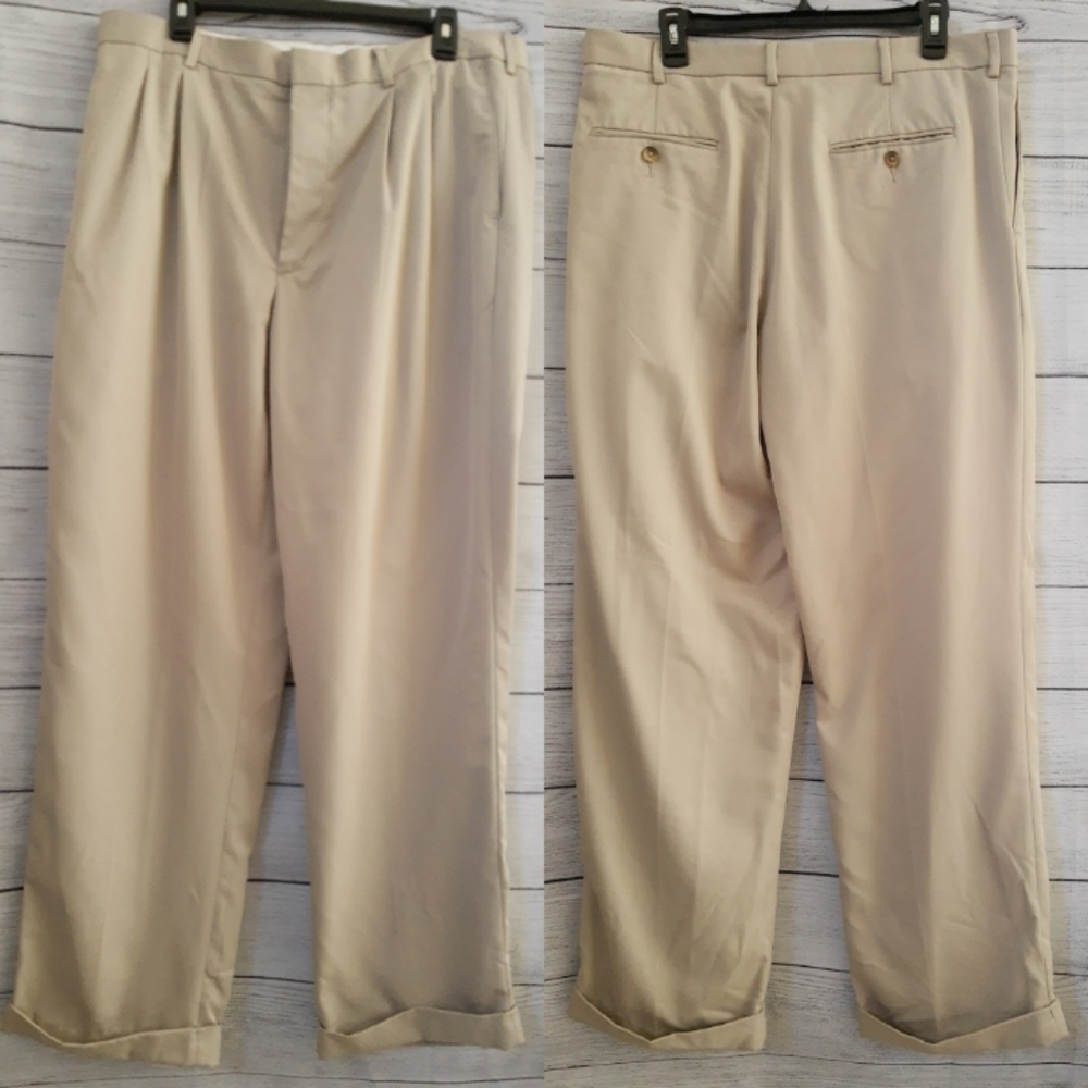 Perry Ellis Portfolio Pant Pleated Front Cuff Chinos Men’s 36x32 Taupe VTG 90s